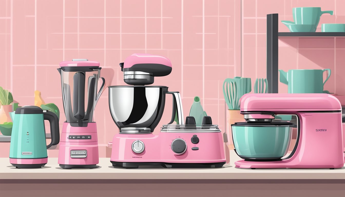 A kitchen countertop with a pink toaster, blender, kettle, and stand mixer arranged neatly next to each other