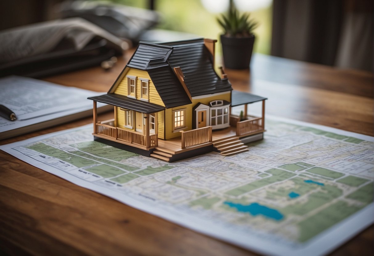 A person researching zoning laws with a tiny house on their property, surrounded by legal documents and a zoning map