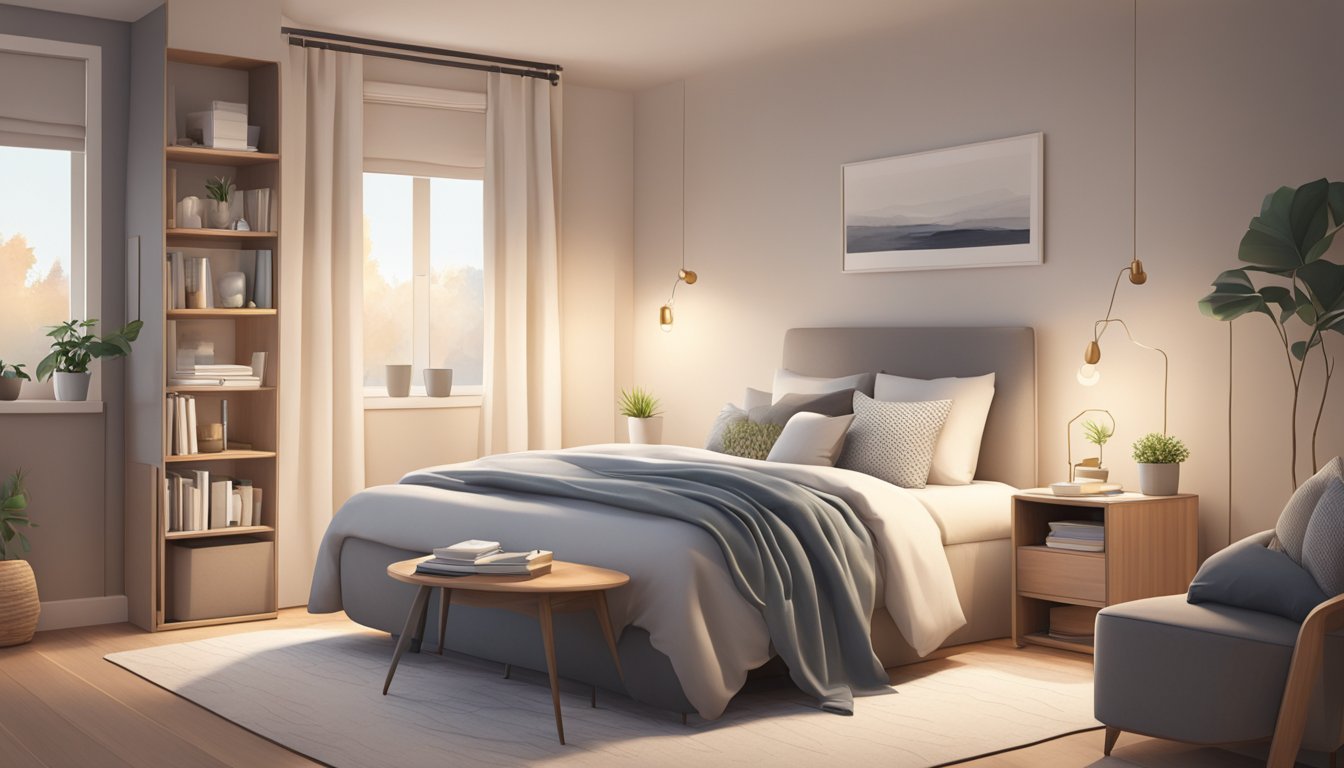 A cozy small bedroom with space-saving furniture, soft lighting, and functional storage solutions. A neutral color palette creates a calm and inviting atmosphere