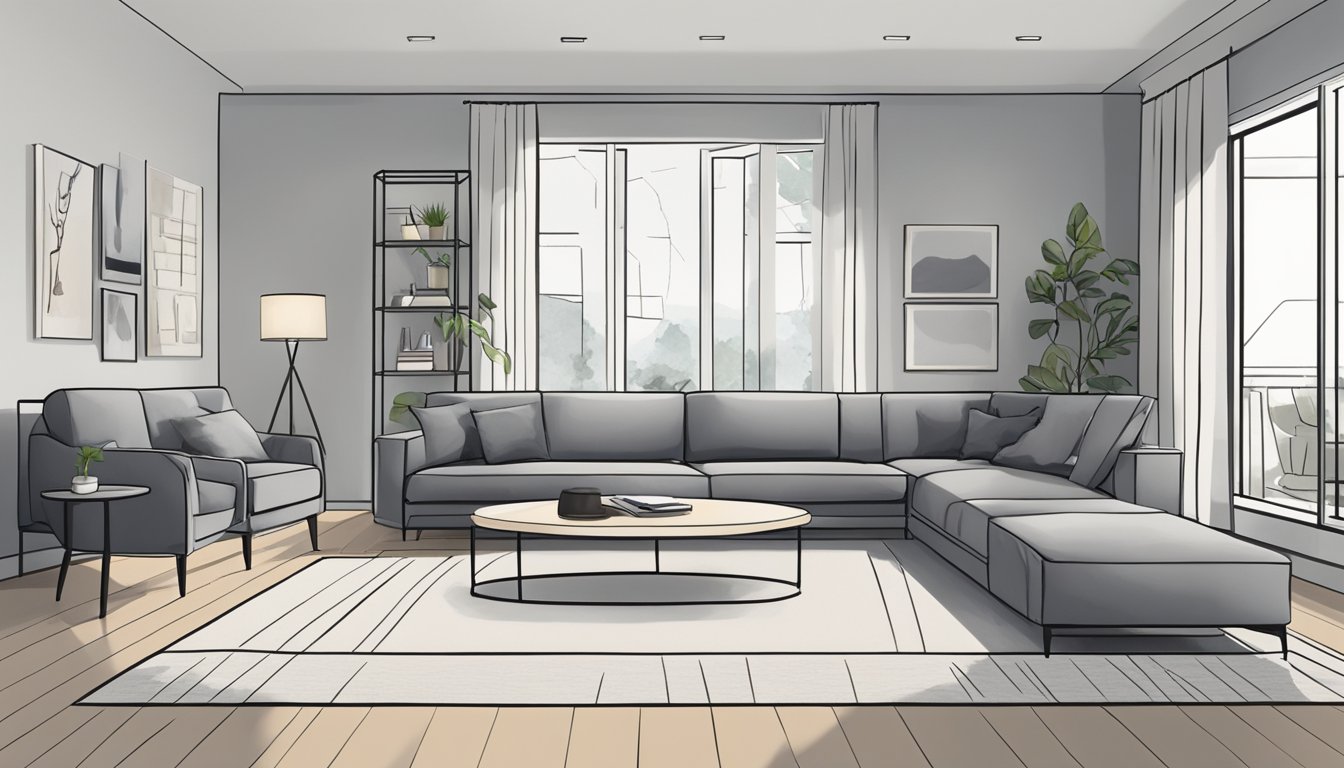 A grey couch sits in the center of a spacious living room, surrounded by modern furniture and a minimalist layout
