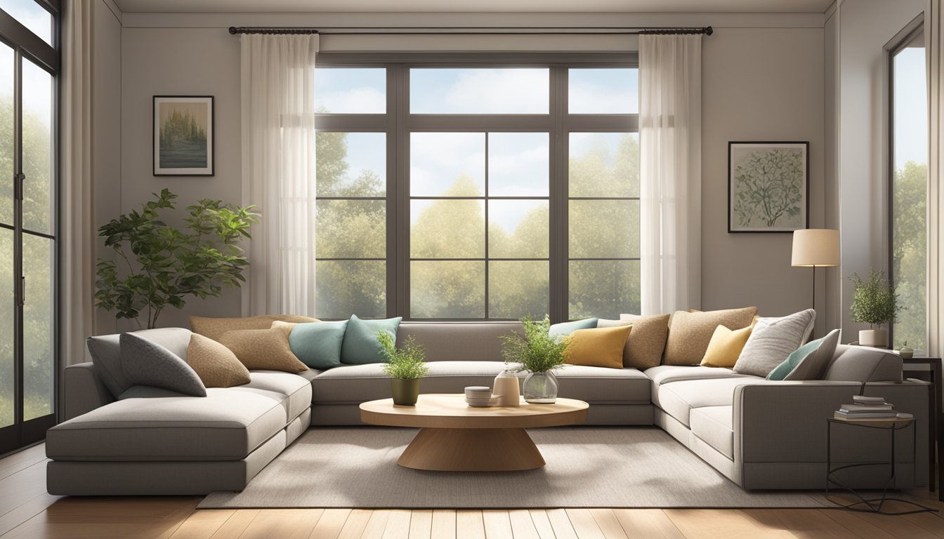 A cozy living room with a 3 seater fabric sofa as the focal point, surrounded by soft blankets and throw pillows. The sofa is placed in front of a large window, allowing natural light to illuminate the room