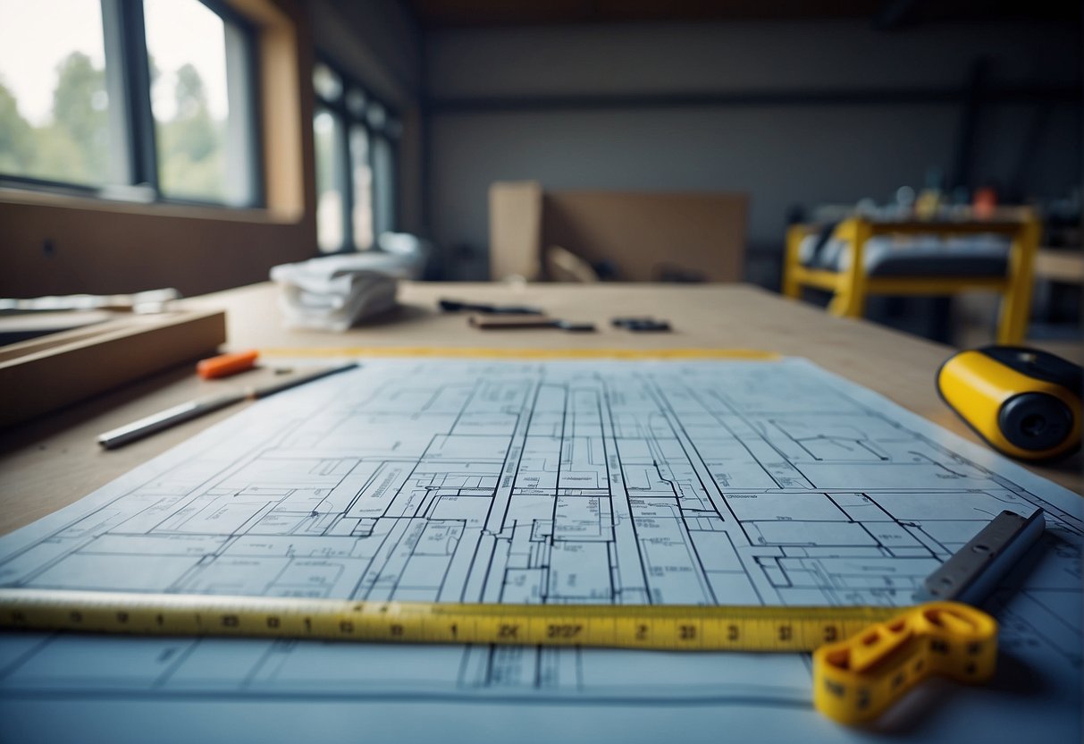 A blueprint lies on a table, surrounded by measuring tape, tools, and building materials. A small plot of land is marked out for construction