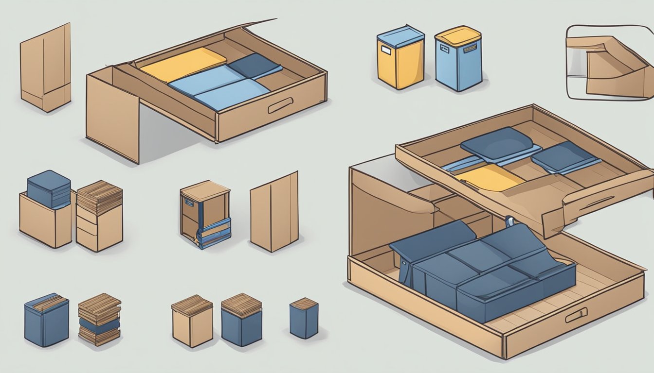 A person unboxing and assembling a storage bed, then organizing items neatly inside the compartments