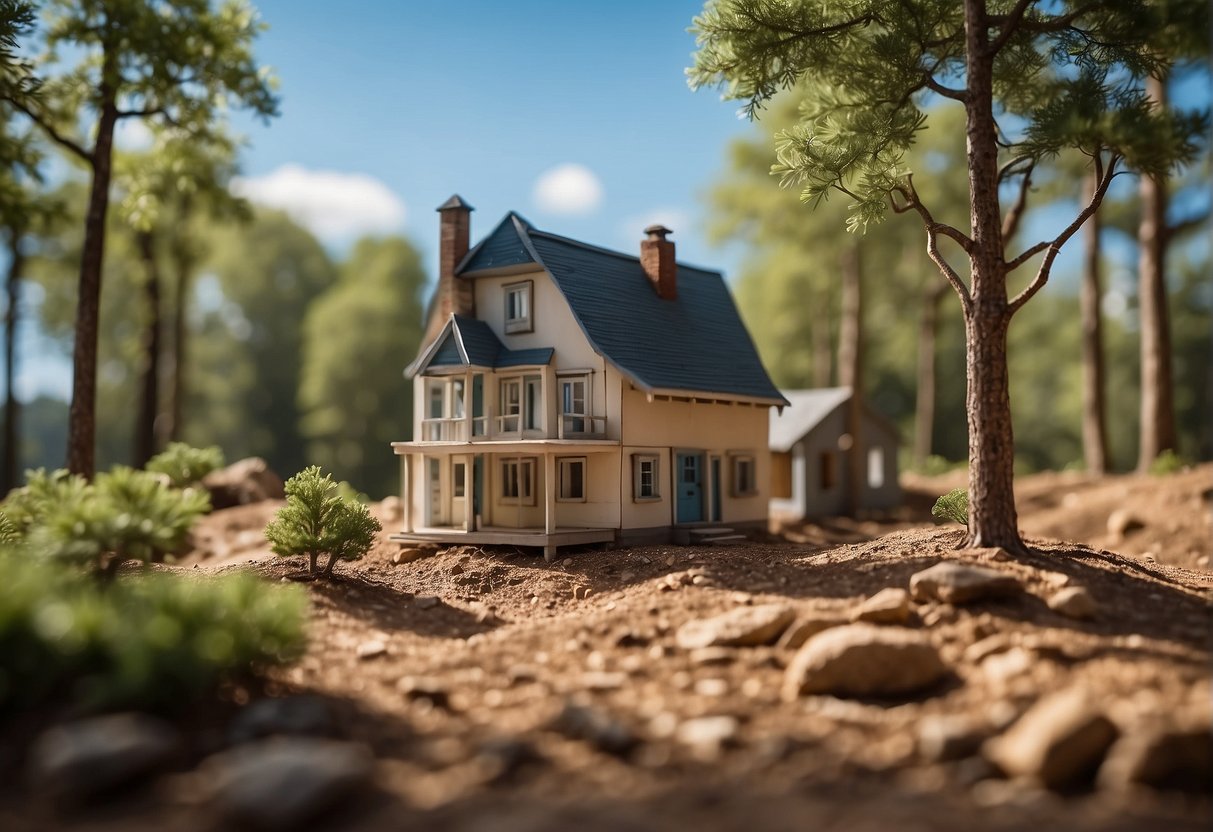 A small house being constructed on a piece of land, surrounded by trees and a clear blue sky