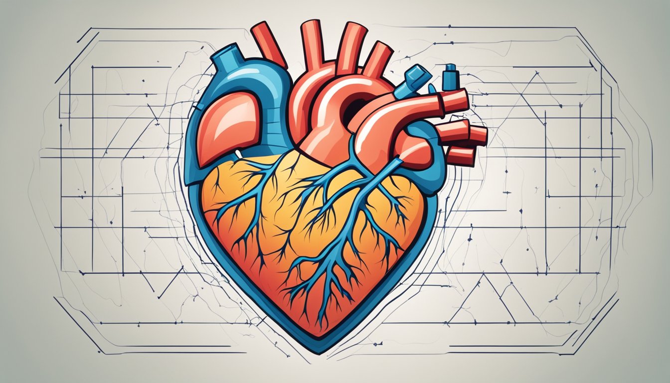 A heart with jagged lines symbolizing discomfort, surrounded by risk factors like smoking and high cholesterol