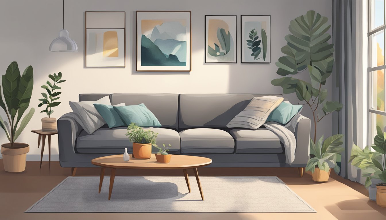 A grey couch sits in a cozy living room, surrounded by soft pillows and a warm throw blanket. The room is filled with natural light, and a small side table holds a stack of books and a potted plant