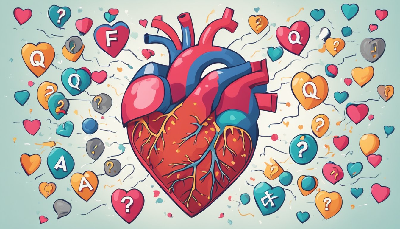 A heart with visible damage after a heart attack, surrounded by question marks and a FAQ sign