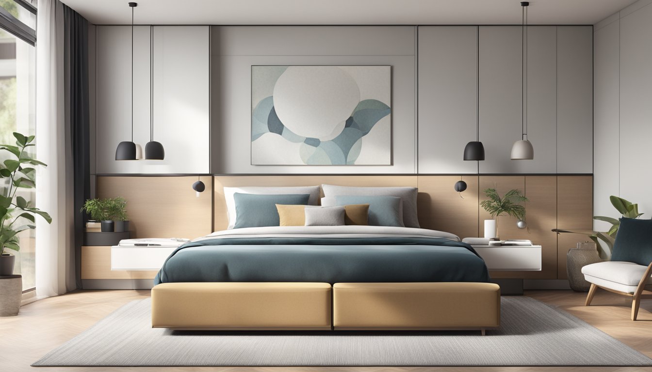 A modern bedroom with a sleek storage bed, clean lines, and minimalistic design. The bed is without a headboard, and the room is well-lit with natural light