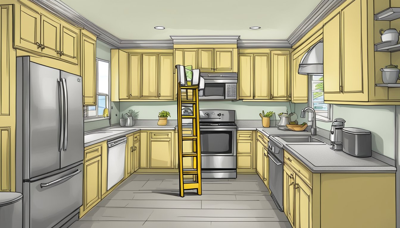 A ladder leaning against a kitchen cabinet with a "Frequently Asked Questions" sign