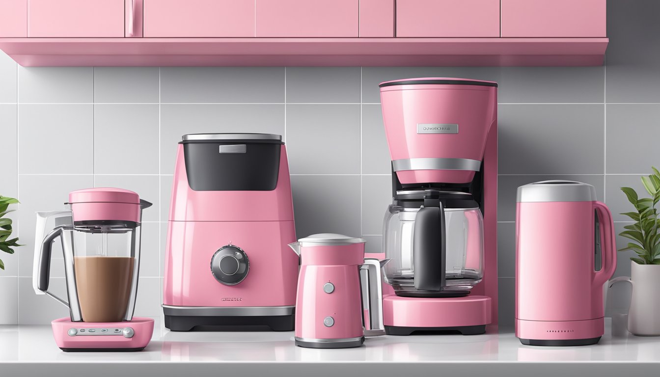 A pink kitchen appliance set arranged neatly on a clean countertop, including a blender, toaster, and coffee maker
