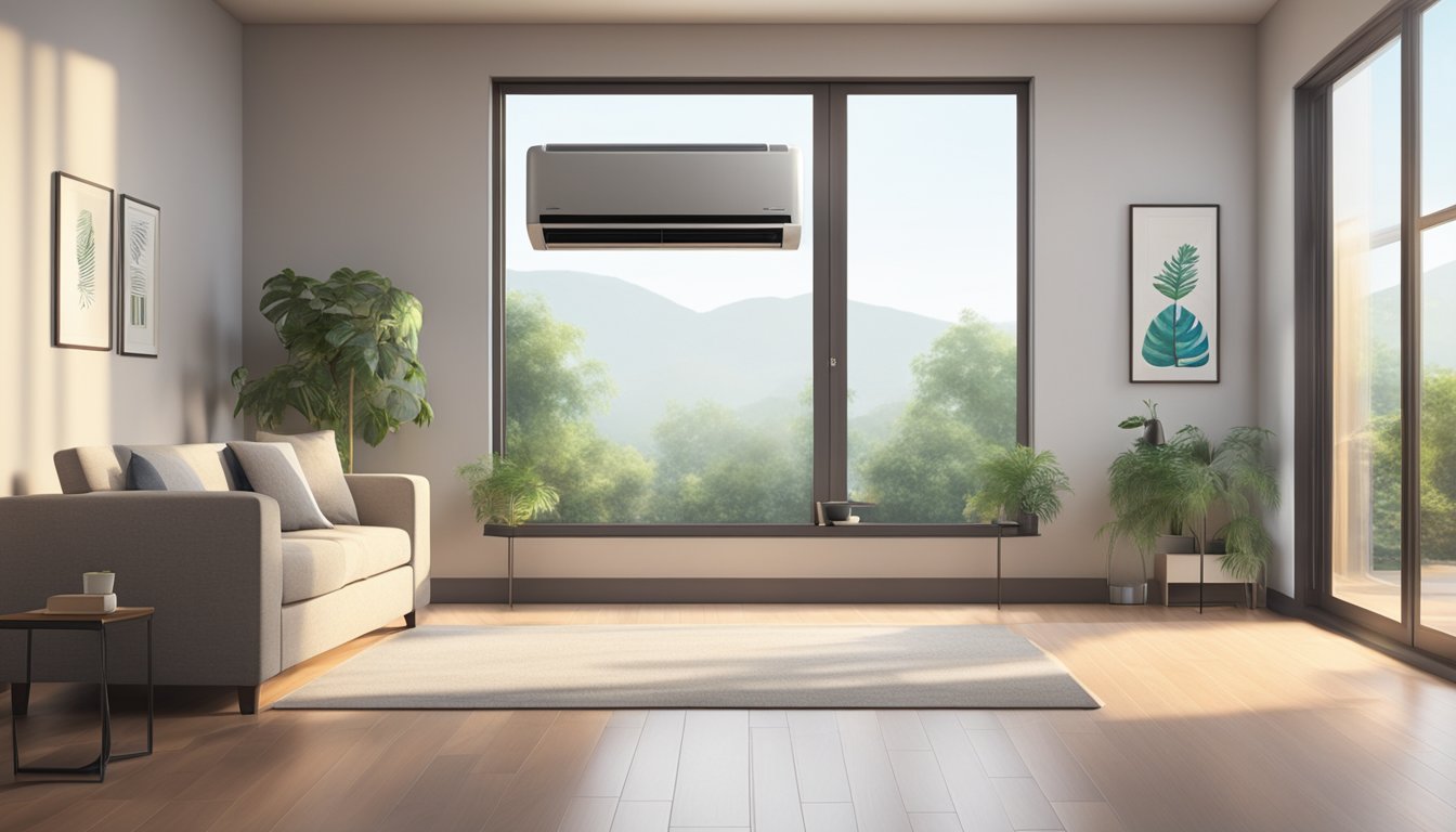 A sleek, modern air conditioner unit stands against a backdrop of a sunlit room, with a price tag prominently displayed as the best offer