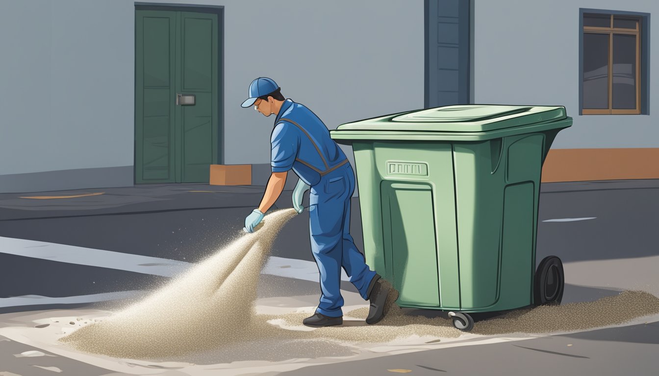 A worker wipes down a large dustbin, removing debris and grime