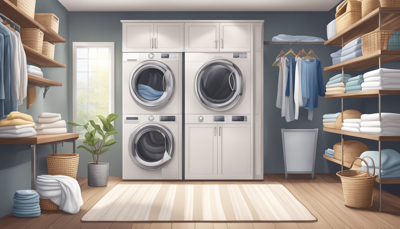 A laundry room with a modern cloth dryer machine integrated into the routine, surrounded by baskets of clothes and shelves of laundry products