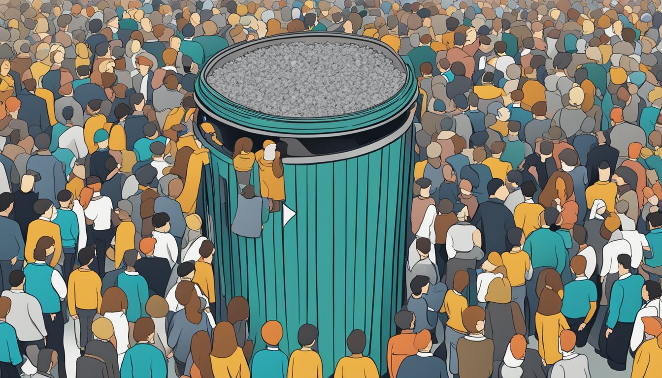 A large, overflowing dustbin surrounded by people with question marks hovering above it