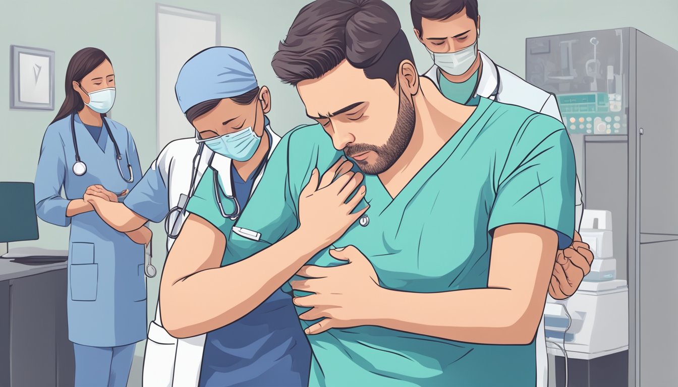 A person clutching their chest, grimacing in pain, while a medical professional performs diagnostic procedures and administers immediate actions