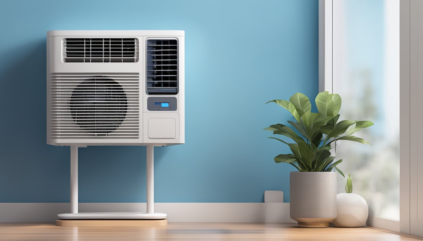 A sleek, modern air conditioner sits atop a clean, white pedestal against a backdrop of a cool, blue wall. The unit is adorned with a "Best Price" label, emphasizing its affordability
