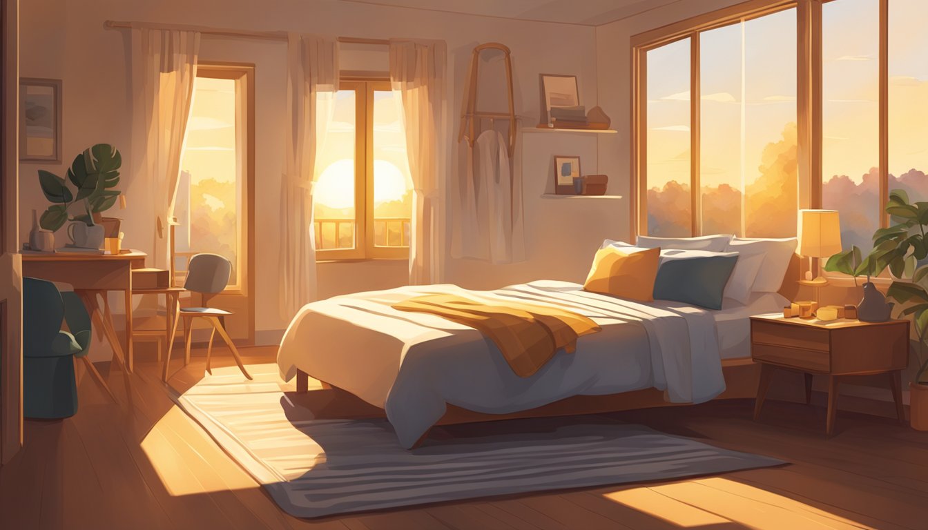 A cozy bed bathed in warm, golden light as the sun rises, casting long shadows across the room