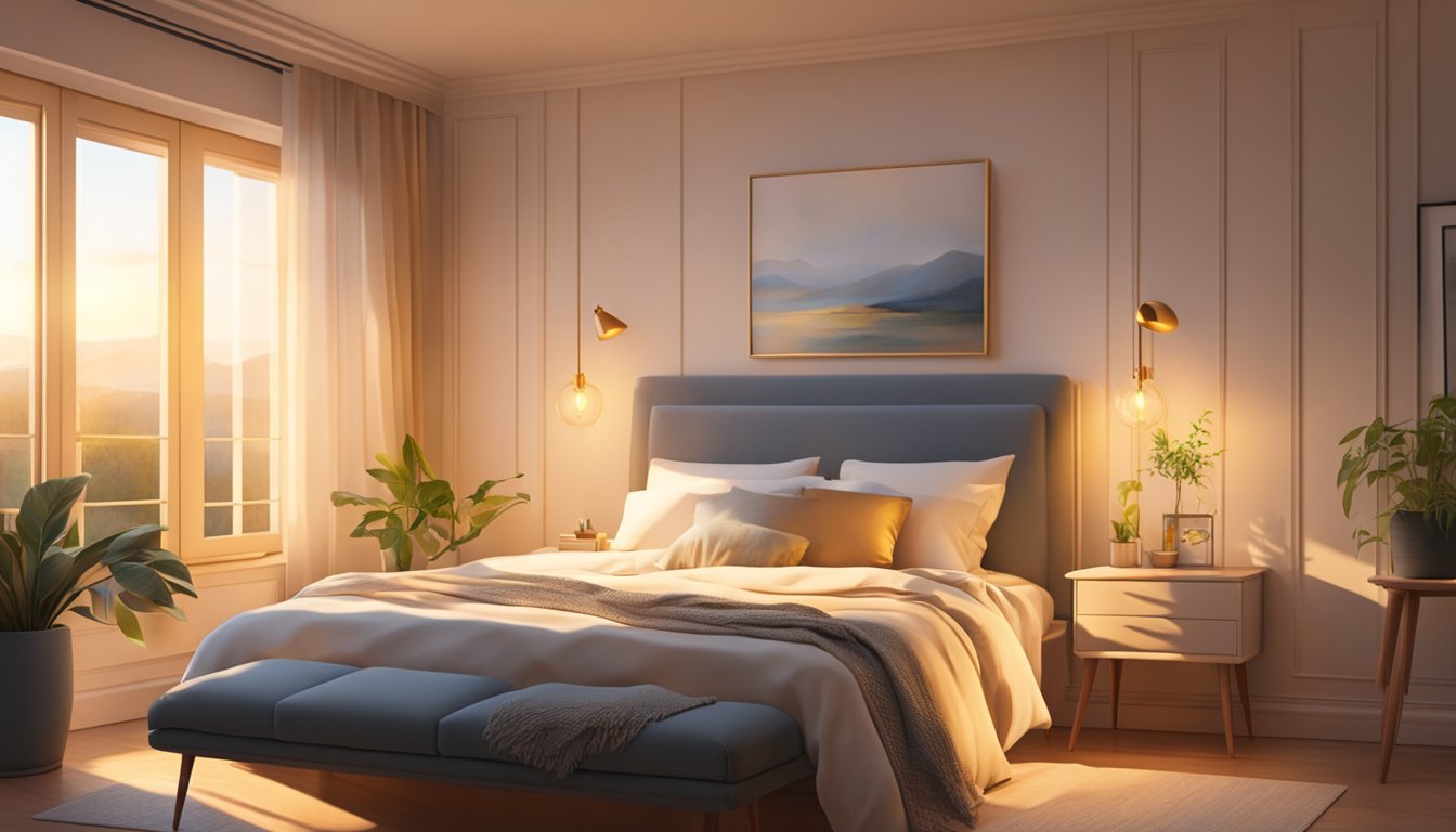 The soft glow of dawn illuminates a cozy bed, with warm sunlight streaming through the window and casting a gentle, golden hue over the room