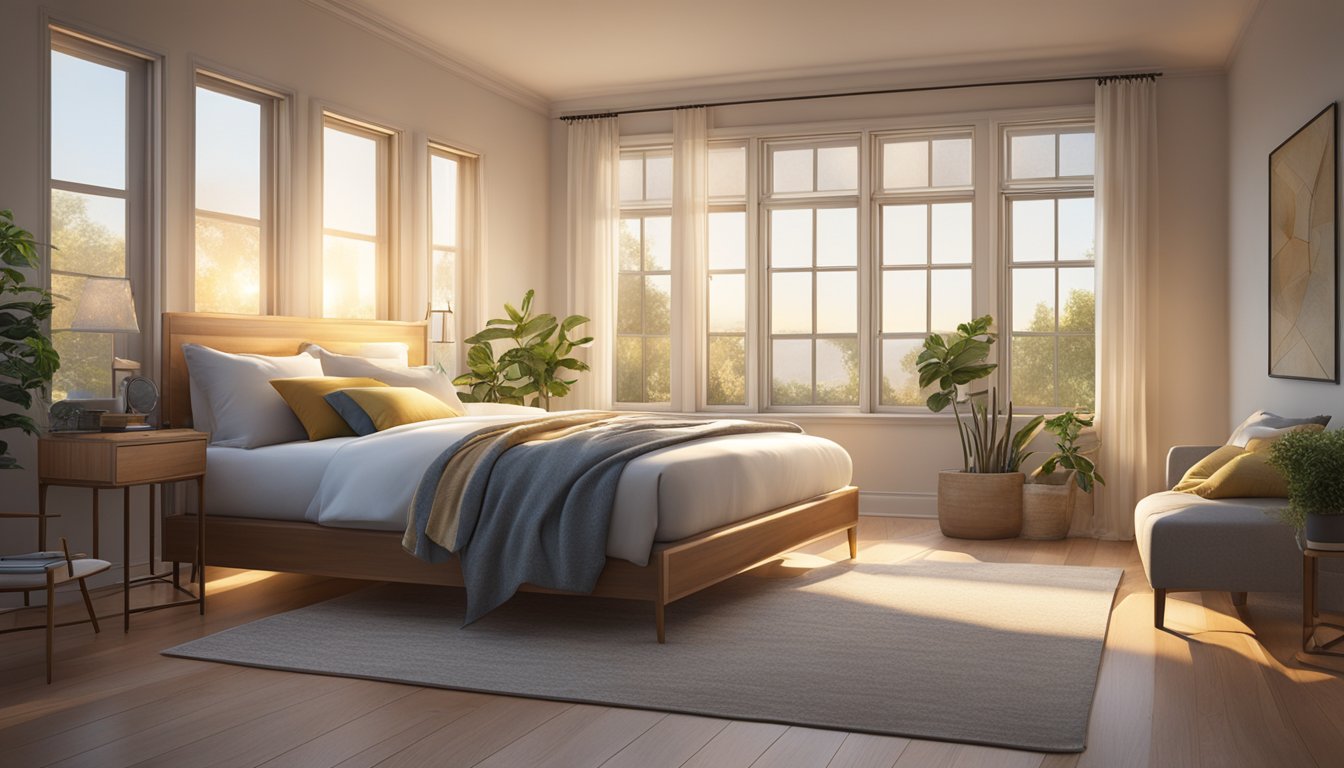 A cozy bedroom with the Sunrise Bed as the focal point, surrounded by soft, neutral-colored bedding and natural light streaming in through the windows