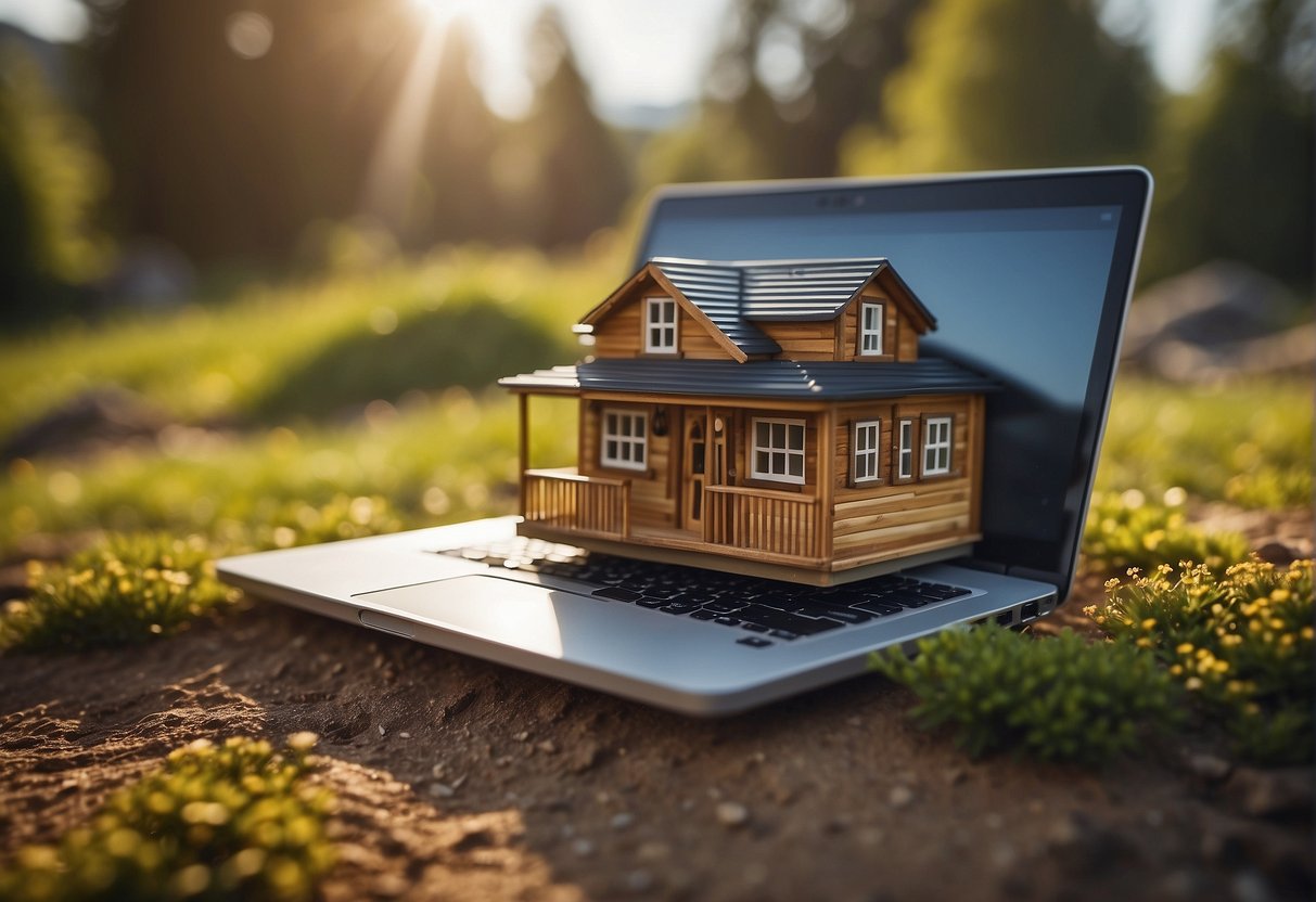 A tiny house sitting on a patch of land, with a small budget calculator and a laptop nearby