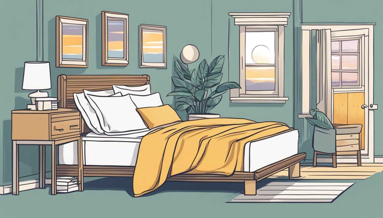 The sun rises over a neatly made bed, with a stack of Frequently Asked Questions sitting on the nightstand