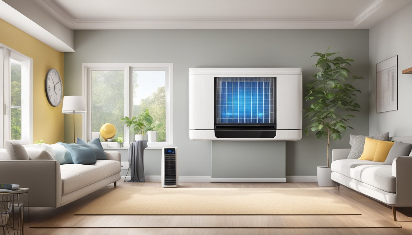 An air conditioner installed in a spacious room, surrounded by energy-efficient appliances and smart thermostats, showcasing the concept of maximizing efficiency and savings