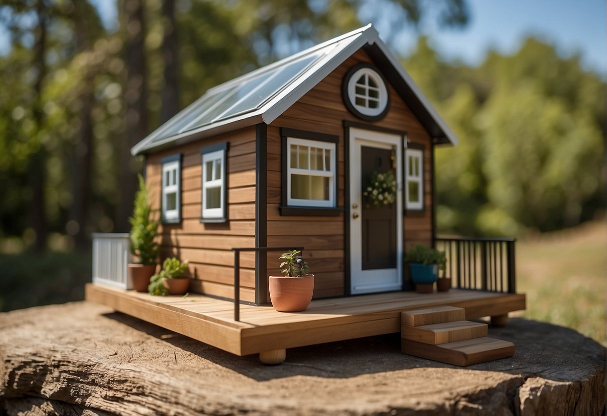 A tiny house sits on a serene, wooded lot, with a clear blue sky overhead. A sign nearby reads "Tiny House Financing Available."