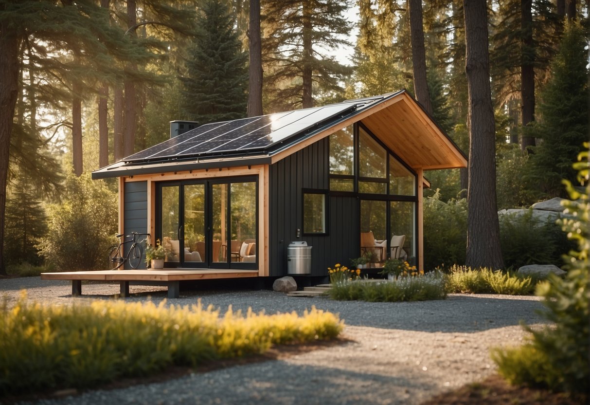 A tiny house sits on a spacious lot, surrounded by trees and a small garden. A path leads to the front door, and solar panels are installed on the roof