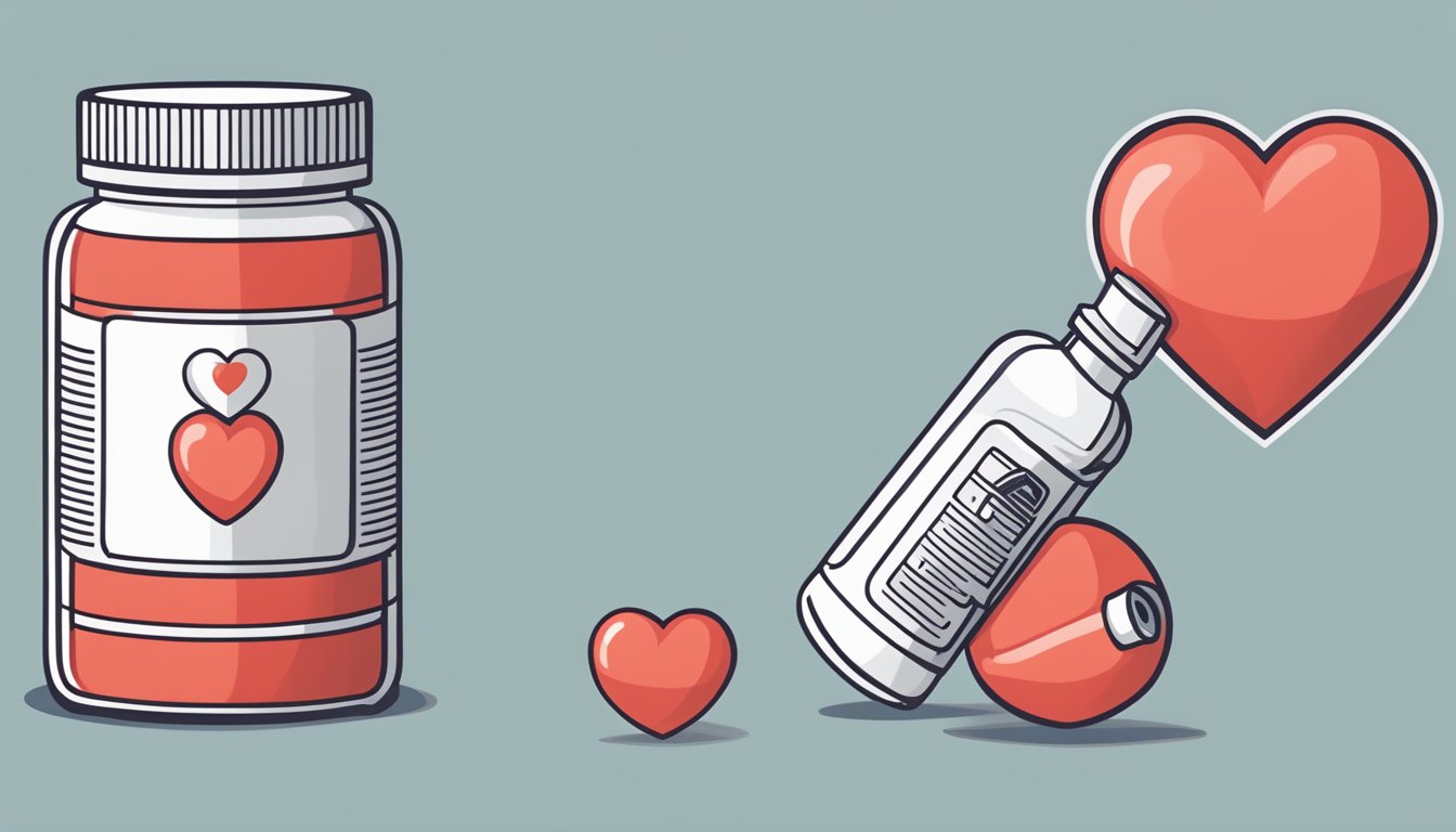 A bottle of ibuprofen next to a healthy heart symbol, with a shield representing prevention