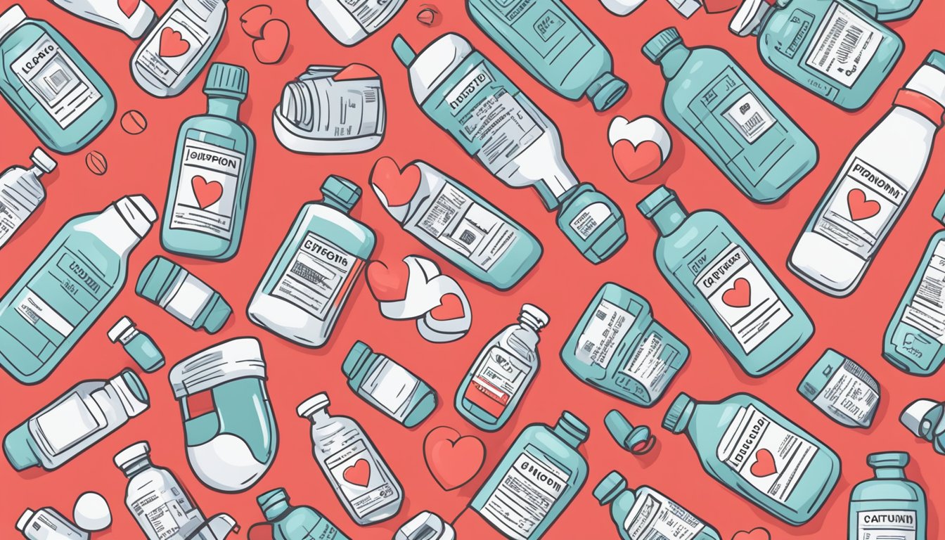 A bottle of ibuprofen with a warning label, surrounded by images of a heart and a caution sign