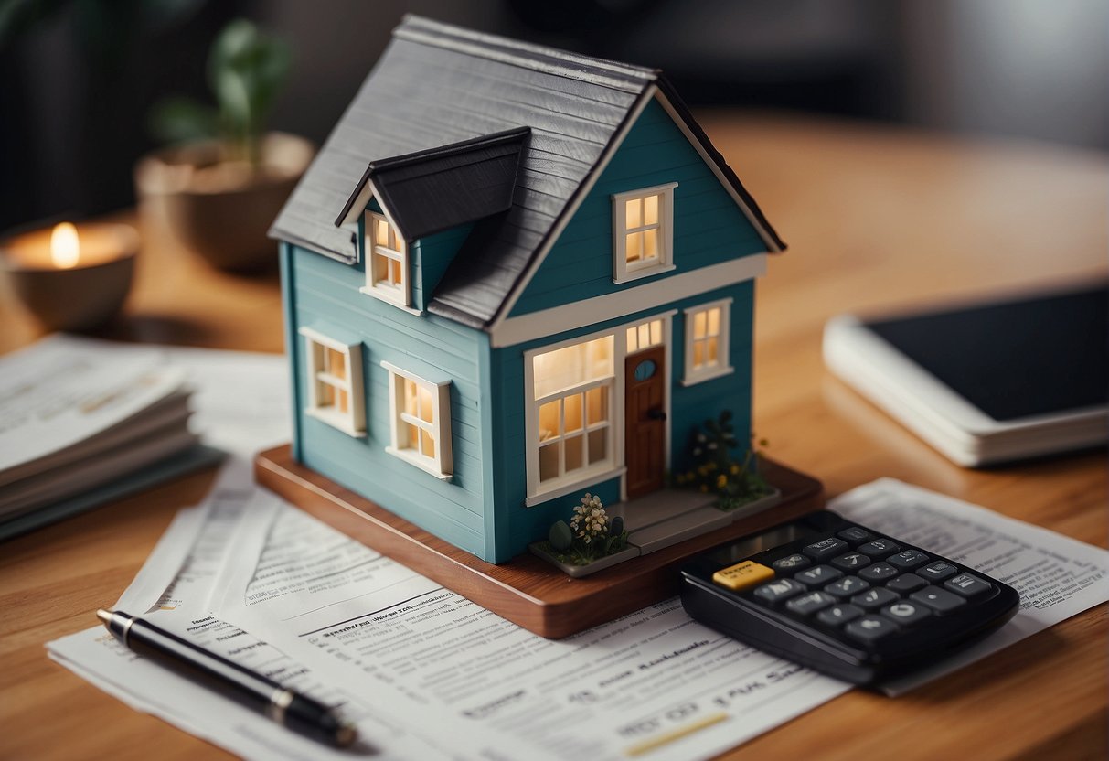 A tiny house with a "Frequently Asked Questions" sign, surrounded by financial documents and a calculator