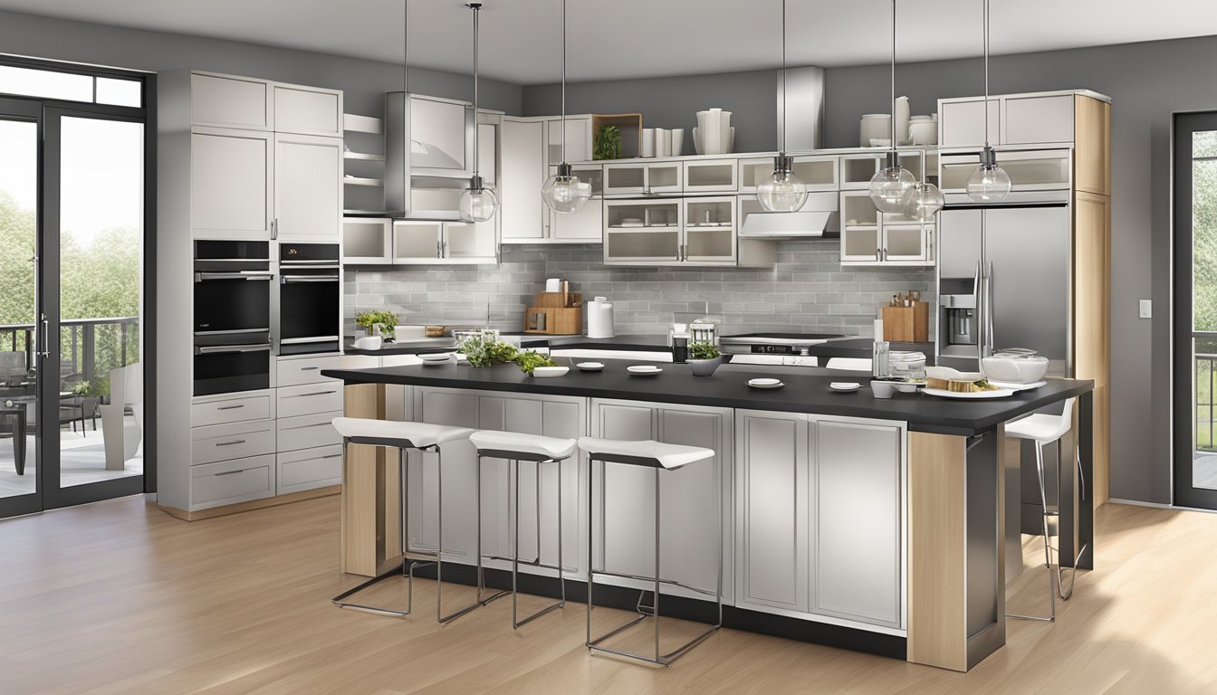 A modern kitchen with sleek cabinets, pull-out drawers, and integrated appliances. The island provides additional storage and doubles as a breakfast bar