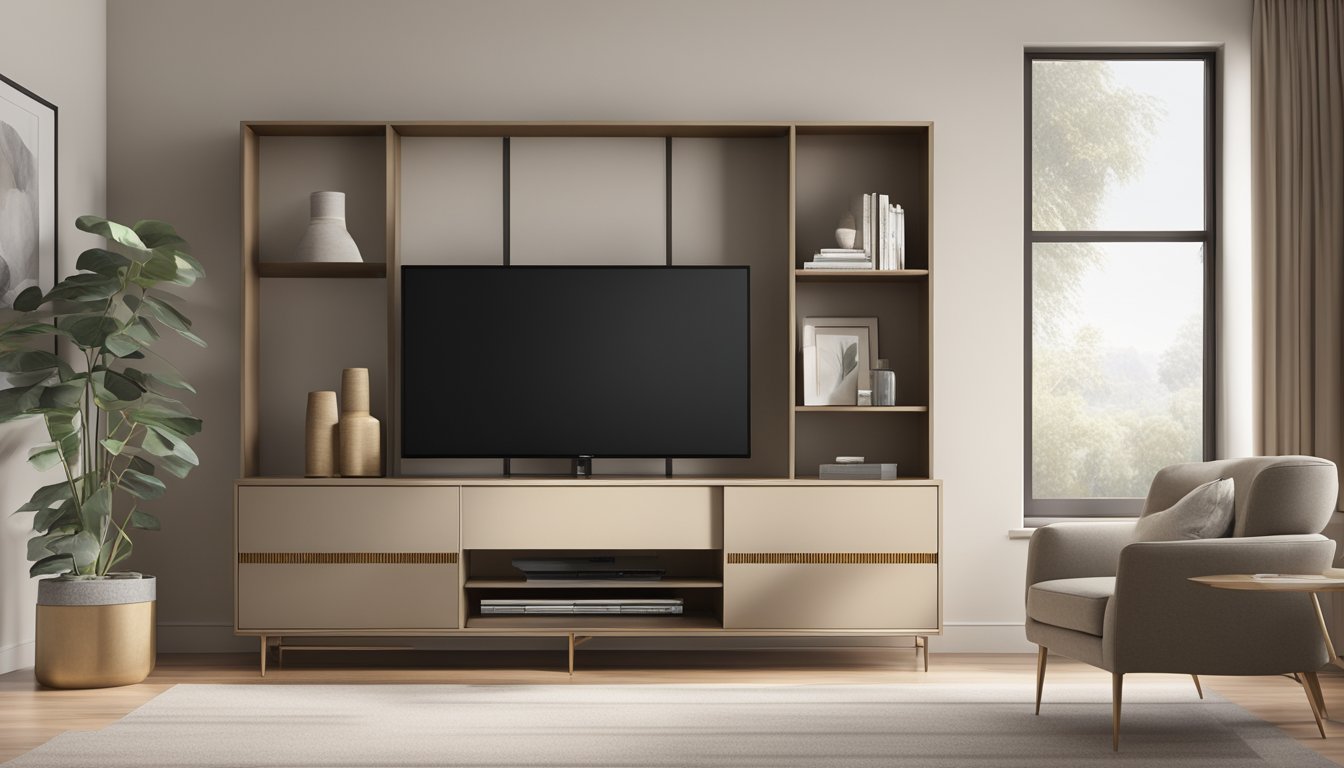 A sleek TV console with a display cabinet, featuring clean lines and modern design, sits against a neutral-colored wall