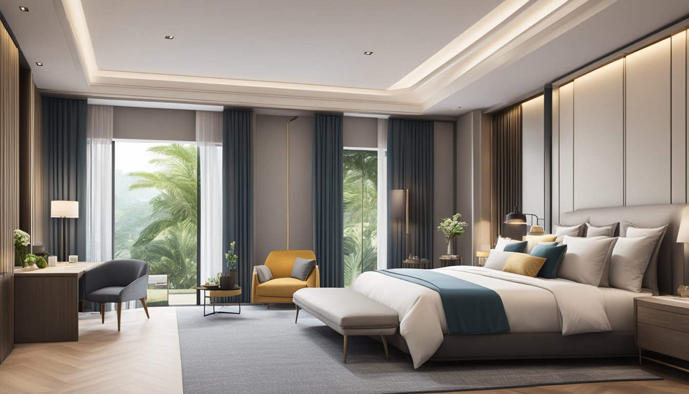 A spacious super king bed dominates a modern Singapore bedroom, with luxurious linens and plush pillows