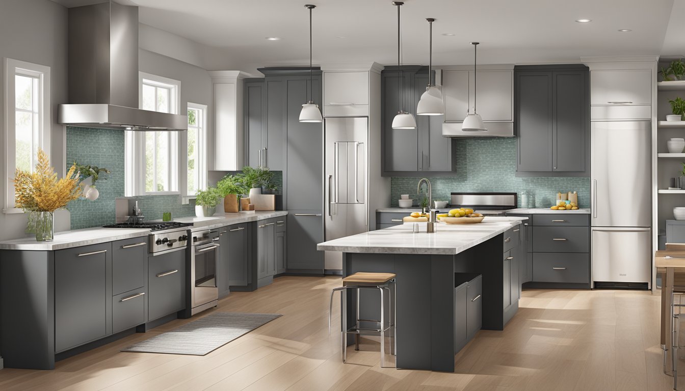 A modern kitchen with sleek countertops, stainless steel appliances, and ample storage space. The color scheme is neutral with pops of vibrant accents