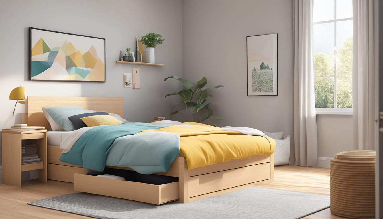 A single bed frame with built-in storage drawers underneath, positioned against a plain wall in a tidy, uncluttered bedroom setting
