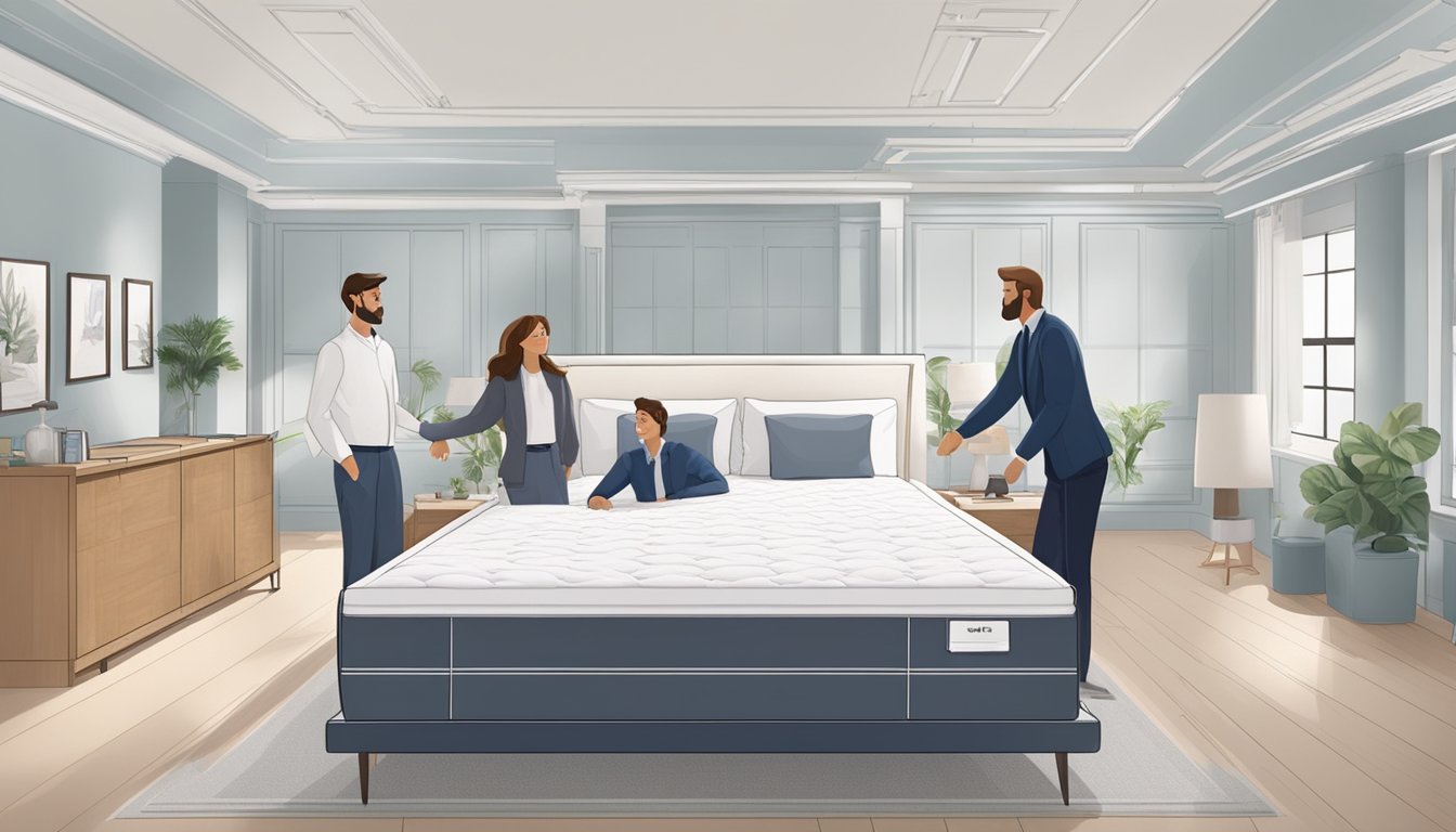 A couple stands in a showroom, testing different mattresses for their super king bed. The salesperson assists them in finding the perfect fit