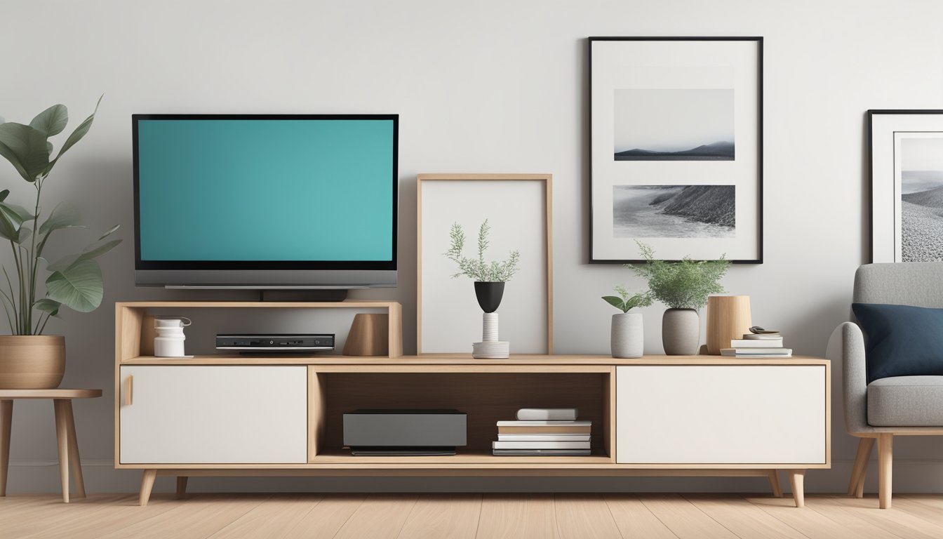 A sleek, minimalist Scandinavian TV console sits against a white wall, with clean lines and natural wood tones. A stack of neatly organized electronic devices and a few decorative items adorn the surface