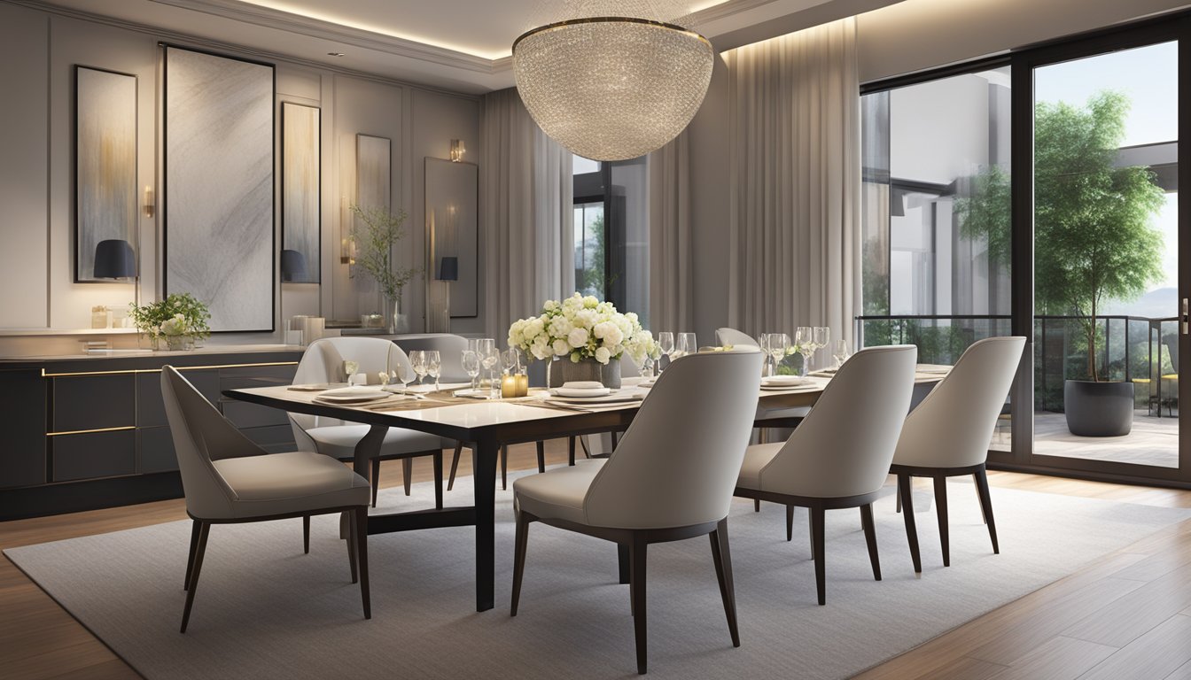 A sleek, modern dining space with designer chairs, elegant table settings, and soft lighting