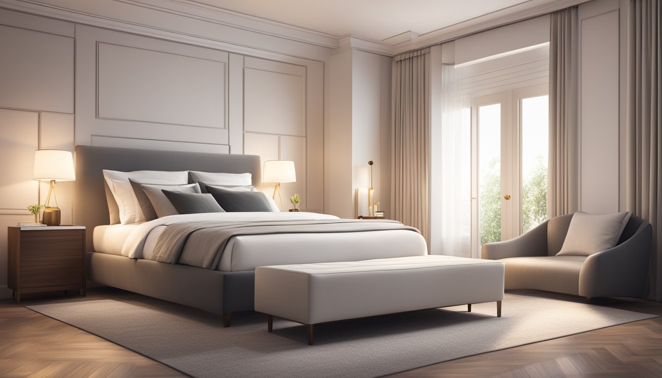 A luxurious super king bed with crisp, white linens and plump pillows, set against a backdrop of a modern, sleek bedroom with warm, ambient lighting