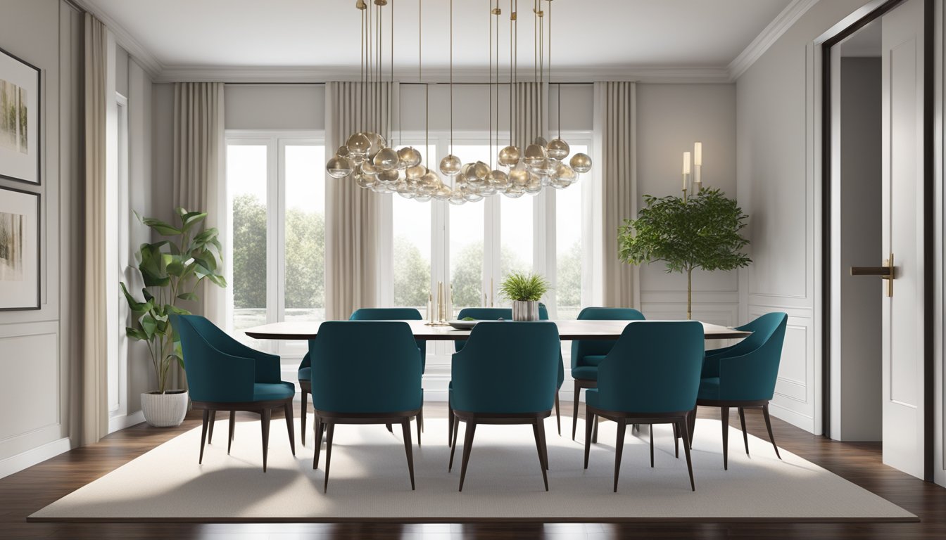 A sleek, modern dining room with designer chairs arranged around a stylish table, creating a sophisticated and inviting atmosphere