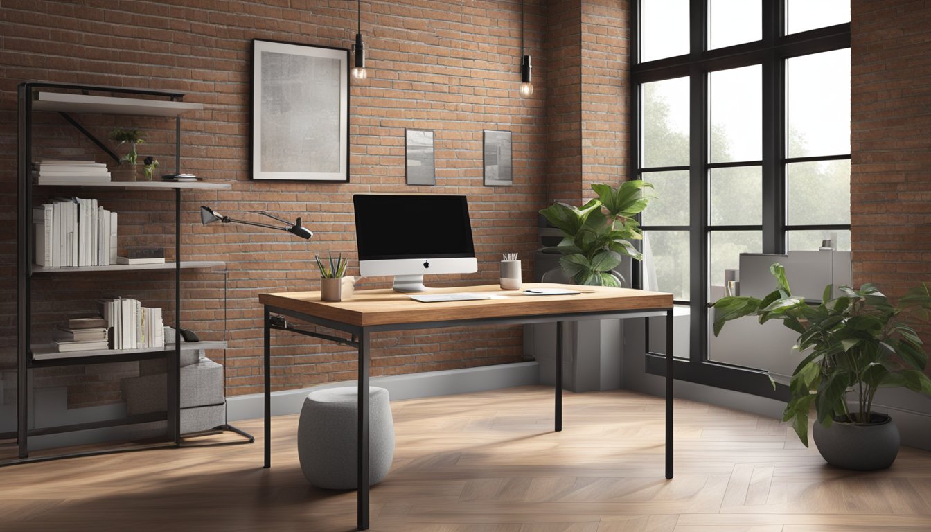A sleek metal desk with clean lines, surrounded by exposed brick walls and large windows letting in natural light