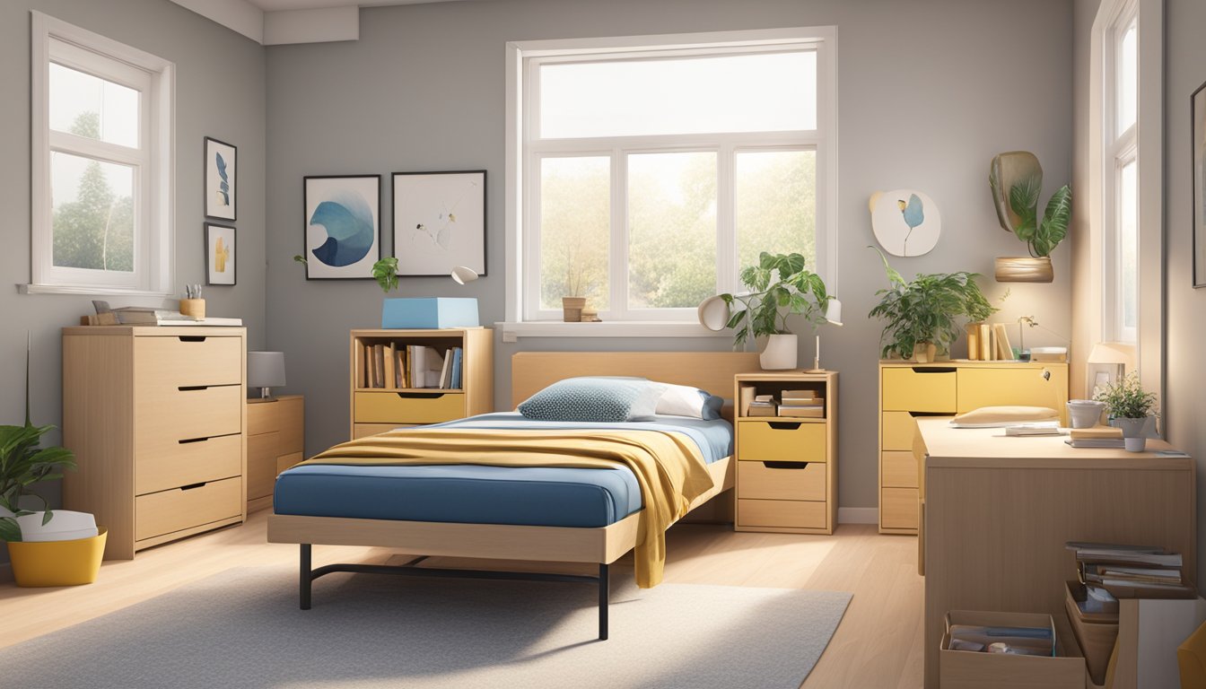 A single bed frame with built-in storage options is being examined in a spacious, well-lit room. Various storage compartments and drawers are being opened and closed to demonstrate their functionality