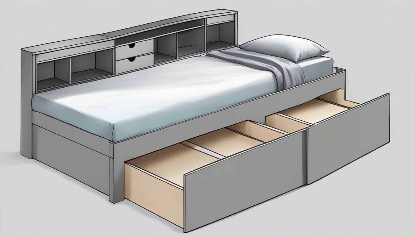 A single bed frame with built-in storage compartments, maximizing bedroom space and functionality
