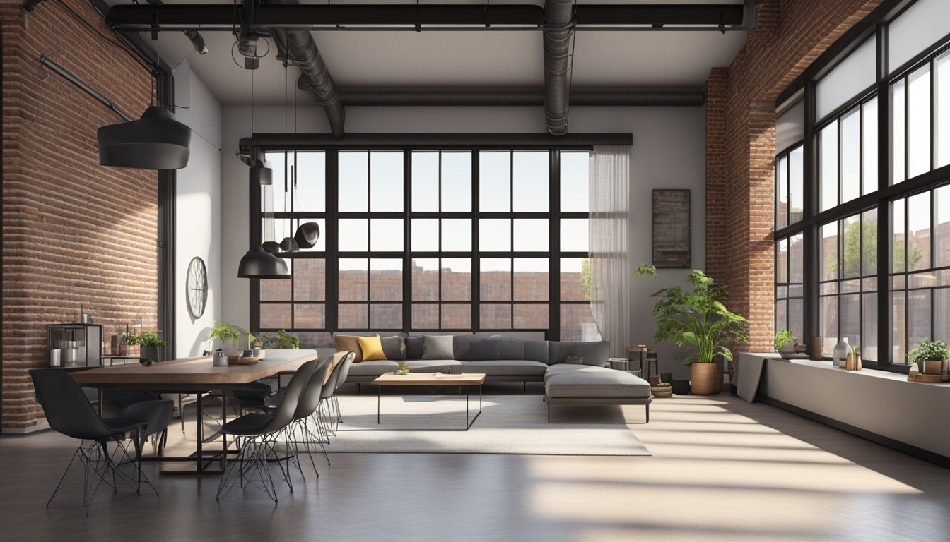 A spacious loft with exposed brick walls, sleek metal furniture, and minimalistic decor. Large windows let in natural light, highlighting the industrial modern aesthetic