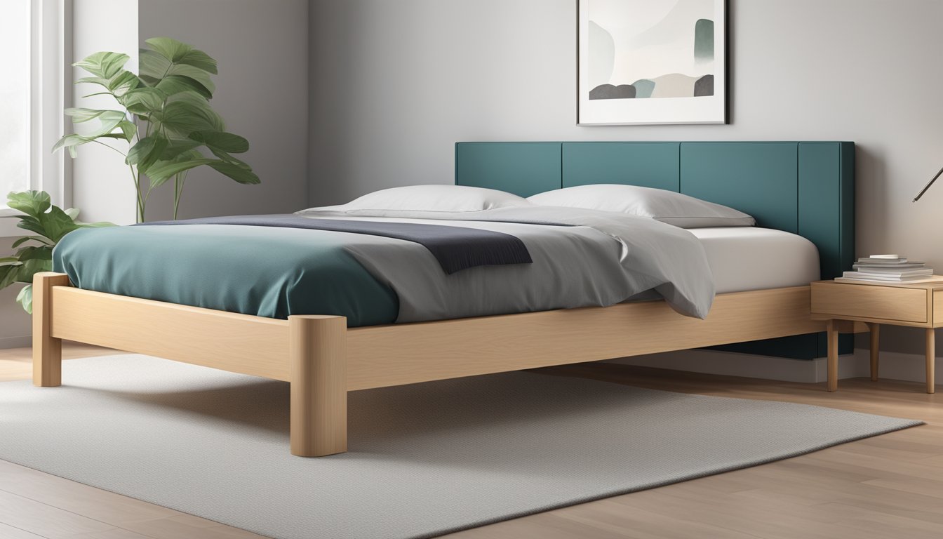 A single bed frame with built-in storage sits against a wall, neatly organized and uncluttered. The frame is sleek and modern, with clean lines and a minimalist design
