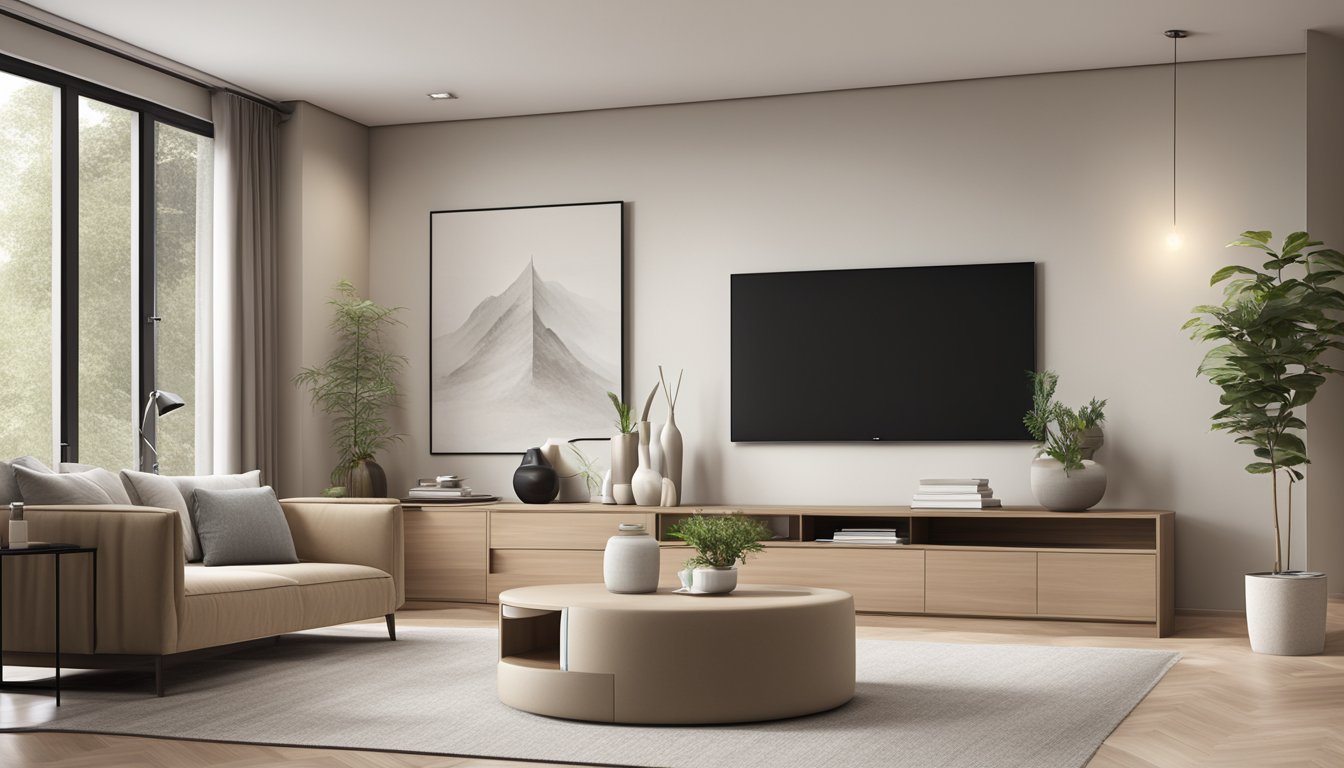 A modern living room with a sleek TV console and display cabinet against a neutral-colored wall, with minimalistic decor and ample natural light