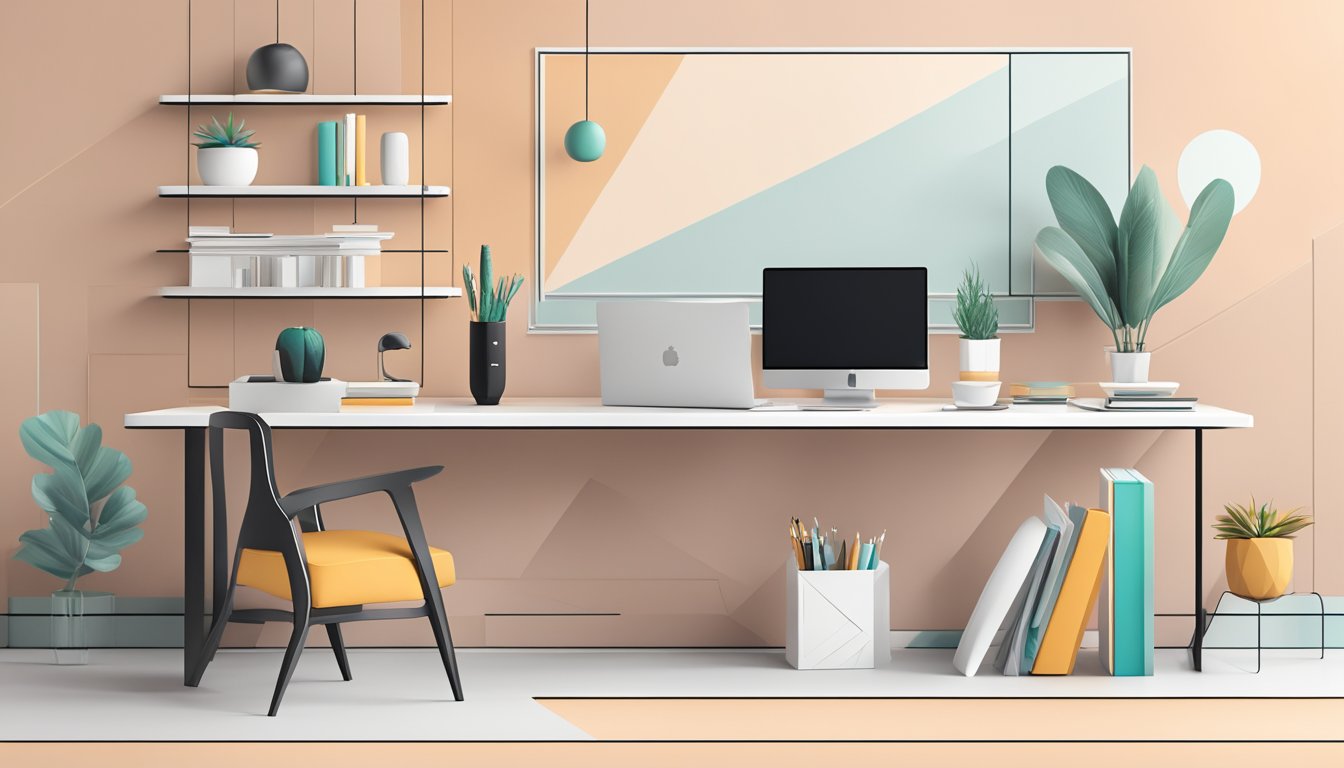 A sleek desk with a computer, geometric decor, and clean lines. A wall display of FAQs and a minimalist color palette