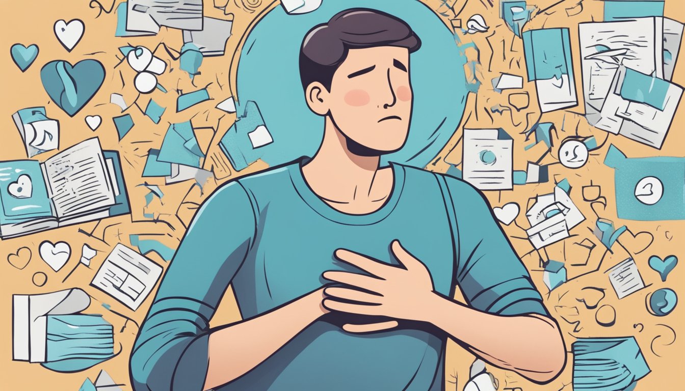 A person clutching their chest in pain, with a puzzled expression. A question mark hovers above, surrounded by words like "heart," "discomfort," and "symptoms."