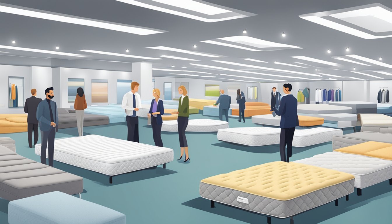 A customer tests mattresses in a showroom, surrounded by various options and sales representatives